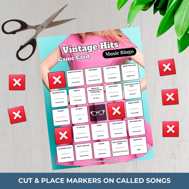 May include: A Vintage Hits Music Bingo game card with song titles, red X markers, and scissors. The card features a pink background with black text and is designed for a music-themed game night.