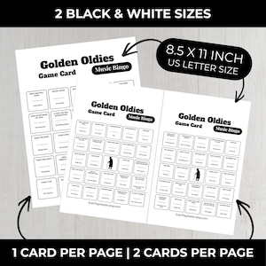 Op de afbeelding: Zwart-wit "Golden Oldies Music Bingo" spelkaarten. De kaarten zijn 21,6 x 27,9 cm groot en bevatten songtitels. De tekst "2 Black & White Sizes" en "1 Card Per Page | 2 Cards Per Page" is ook zichtbaar.