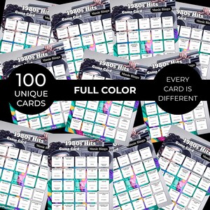 Puede incluir: Una colecci&oacute;n de 100 tarjetas de juego de Bingo musical de &eacute;xitos de los 80 &uacute;nicas y a todo color. Cada tarjeta presenta un gr&aacute;fico de boombox retro y el texto "1980s Hits Game Card Music Bingo". Las tarjetas est&aacute;n dise&ntilde;adas con una variedad de colores.