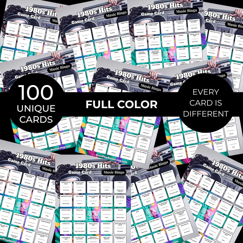 Puede incluir: Una colecci&oacute;n de 100 tarjetas de juego de Bingo musical de &eacute;xitos de los 80 &uacute;nicas y a todo color. Cada tarjeta presenta un gr&aacute;fico de boombox retro y el texto "1980s Hits Game Card Music Bingo". Las tarjetas est&aacute;n dise&ntilde;adas con una variedad de colores.