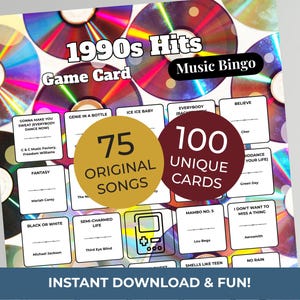90s Music Bingo Game | 100 Printable Cards | 75 Songs & Spotify Playlist | Digital Products Download image 1