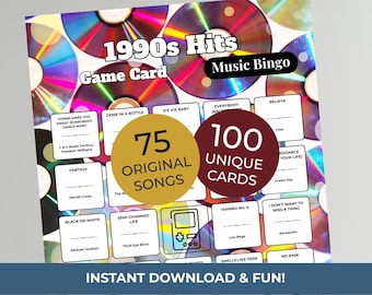 90s Music Bingo Game | 100 Printable Cards | 75 Songs & Spotify Playlist | Digital Products Download