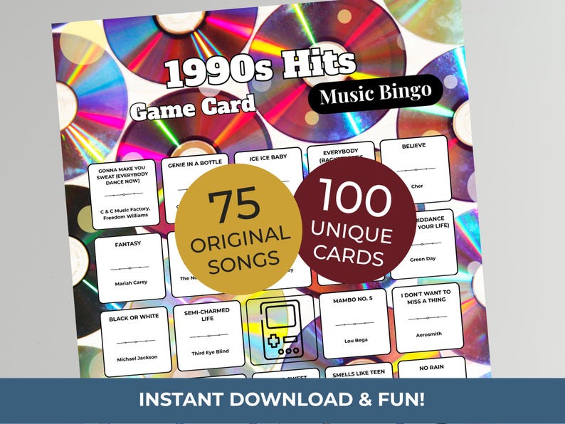 90s Music Bingo Game | 100 Printable Cards | 75 Songs & Spotify Playlist | Digital Products Download image 1