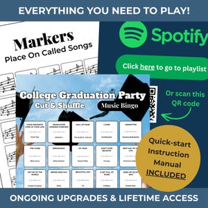 COLLEGE GRADUATION PARTY Music Bingo Game • 100 Printable Cards • 75 Songs • Spotify Playlist (Download) image 2