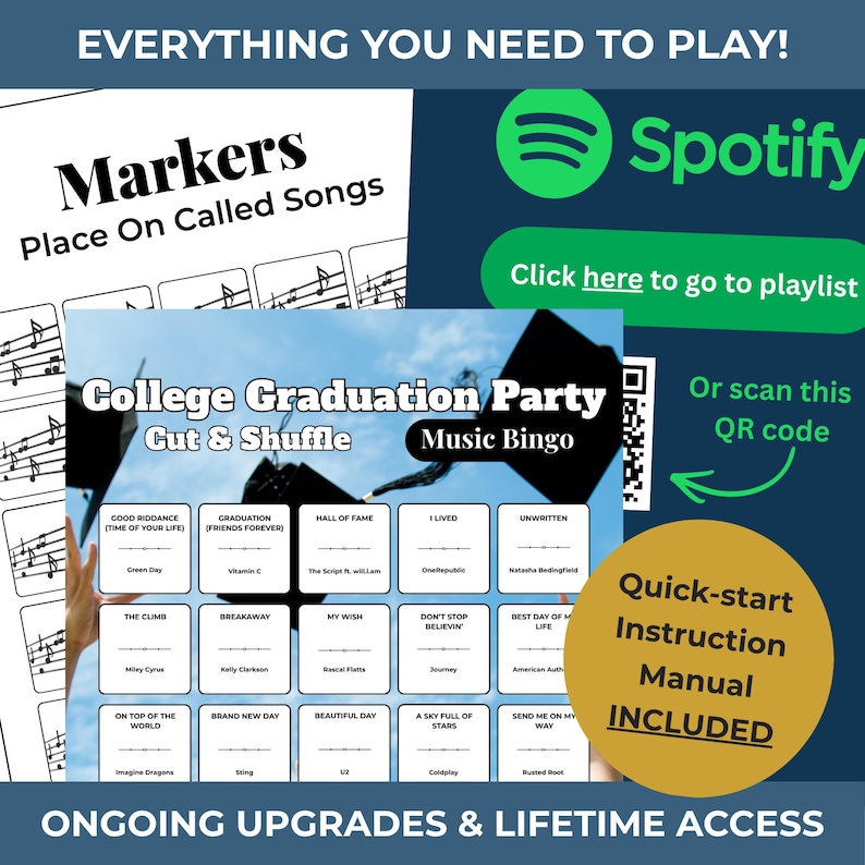 COLLEGE GRADUATION PARTY Music Bingo Game • 100 Printable Cards • 75 Songs • Spotify Playlist (Download) image 2