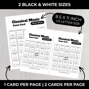 Op de afbeelding: Twee zwart-witte "Classical Music Game Card Music Bingo" vellen. De vellen zijn 21,6 x 27,9 cm groot en hebben een raster van vakjes met muzikale termen. De tekst "2 Black & White Sizes" en "1 Card Per Page | 2 Cards Per Page" is ook zichtbaar.