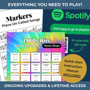 May include: A music bingo game with a colorful 1960s theme. The game includes a bingo card with song titles, a quick-start instruction manual, and a QR code to access a Spotify playlist. The text "Everything You Need To Play!" is at the top.