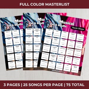 Peut inclure: Trois feuilles de jeu de bingo musical avec un fond rose et bleu. Chaque feuille comporte une grille de titres de chansons de diverses com&eacute;dies musicales. Le texte "Musical Music Bingo" et "Cut & Shuffle" sont visibles. Le texte "FULL COLOR MASTERLIST" est en haut.