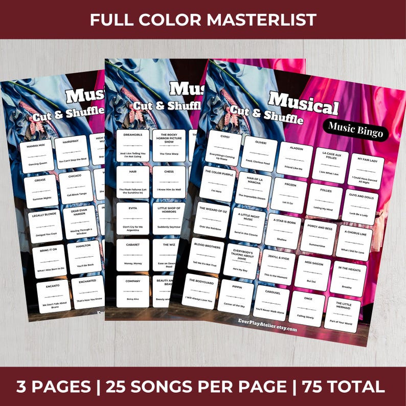 Peut inclure: Trois feuilles de jeu de bingo musical avec un fond rose et bleu. Chaque feuille comporte une grille de titres de chansons de diverses com&eacute;dies musicales. Le texte "Musical Music Bingo" et "Cut & Shuffle" sont visibles. Le texte "FULL COLOR MASTERLIST" est en haut.