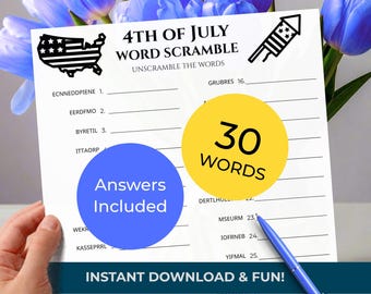 4th of July WORD SCRAMBLE Game • 30 words • Group Trivia Quiz (included!) • Independence Day