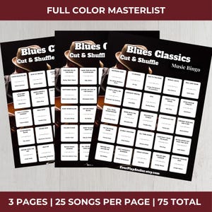 Pode incluir: Tr&ecirc;s cartelas de bingo de m&uacute;sica Blues em preto e branco com um design vintage. Cada cartela apresenta um m&uacute;sico com chap&eacute;u e guitarra e t&iacute;tulos de m&uacute;sicas. O texto "Blues Classics" e "Cut & Shuffle" s&atilde;o vis&iacute;veis.
