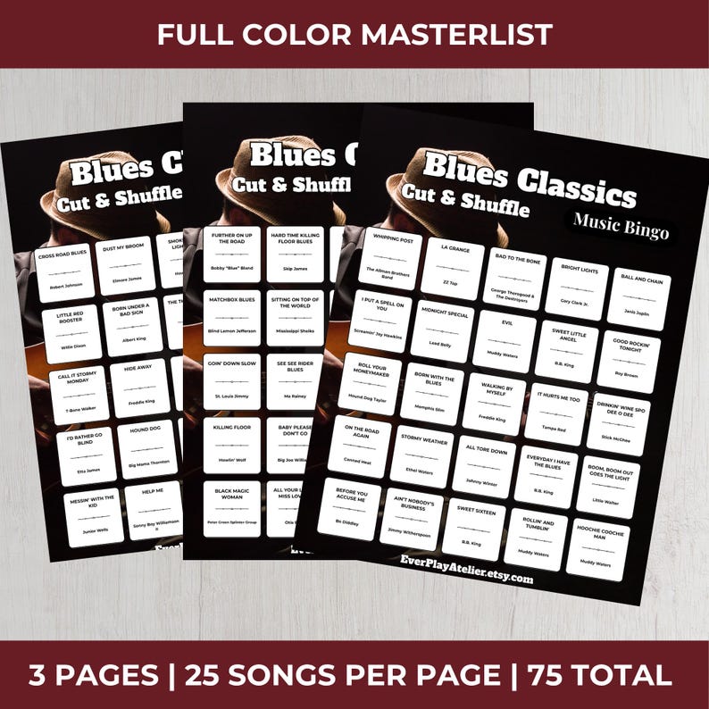 Pode incluir: Tr&ecirc;s cartelas de bingo de m&uacute;sica Blues em preto e branco com um design vintage. Cada cartela apresenta um m&uacute;sico com chap&eacute;u e guitarra e t&iacute;tulos de m&uacute;sicas. O texto "Blues Classics" e "Cut & Shuffle" s&atilde;o vis&iacute;veis.
