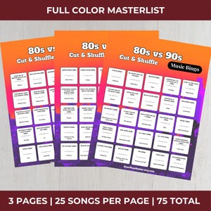 Puede incluir: Tres coloridas tarjetas de bingo con un fondo degradado naranja y morado. Las tarjetas se titulan "80s vs 90s Music Bingo" y "80s vs Cut & Shuffle". Cada tarjeta presenta t&iacute;tulos de canciones en casillas. El texto "3 PAGES | 25 SONGS PER PAGE | 75 TOTAL" est&aacute; en la parte inferior.