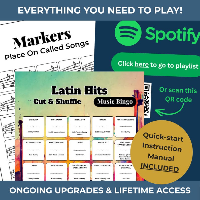 Latin Music Bingo Game | 100 Cards | 75 Songs | Spotify Playlist | Printable PDF | Instant Download Bild 2