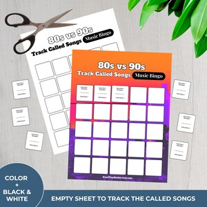 Puede incluir: Dos hojas de bingo musical con el texto "80s vs 90s Track Called Songs Music Bingo". Una hoja es blanca, la otra es naranja y morada. Tambi&eacute;n hay tarjetas peque&ntilde;as y tijeras. La esquina inferior izquierda tiene el texto "COLOR + BLACK & WHITE".