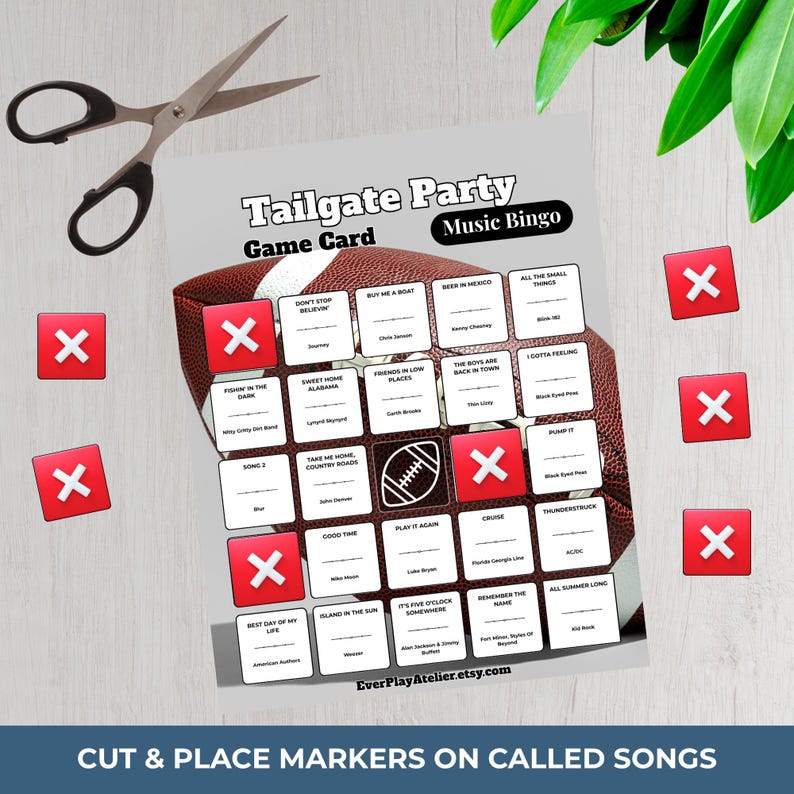 May include: A Tailgate Party Music Bingo game card with a football design. The card features song titles and spaces for markers. Red X markers and scissors are also visible, suggesting a DIY game.
