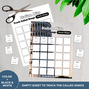 Puede incluir: Dos hojas de "Bingo Musical de &Eacute;xitos Italianos" con casillas en blanco para rastrear canciones. Presentan la Torre Inclinada de Pisa. Incluye peque&ntilde;as tarjetas para t&iacute;tulos de canciones y nombres de artistas. Tambi&eacute;n hay unas tijeras.