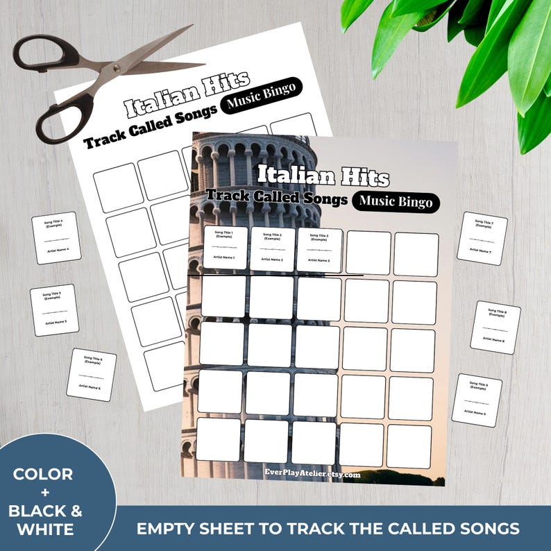 Puede incluir: Dos hojas de "Bingo Musical de &Eacute;xitos Italianos" con casillas en blanco para rastrear canciones. Presentan la Torre Inclinada de Pisa. Incluye peque&ntilde;as tarjetas para t&iacute;tulos de canciones y nombres de artistas. Tambi&eacute;n hay unas tijeras.