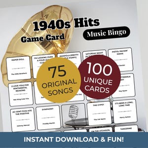 1940s Music Bingo Game | 100 Printable Cards | 75 Songs & Spotify Playlist | Digital Products Download imagen 1