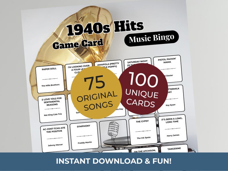 1940s Music Bingo Game | 100 Printable Cards | 75 Songs & Spotify Playlist | Digital Products Download imagen 1