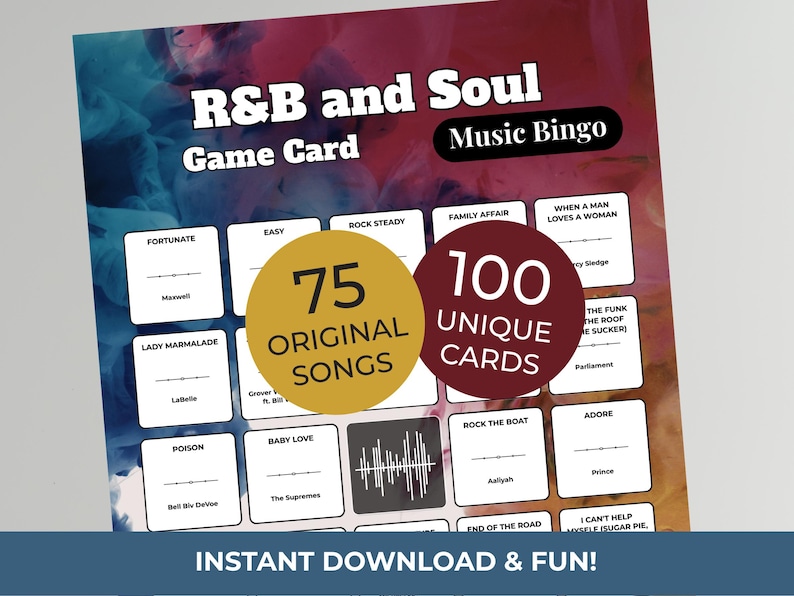 R&B + Soul • MUSIC BINGO Game • 100 Printable Cards • 75 Songs • Spotify Playlist (Digital Download) image 1