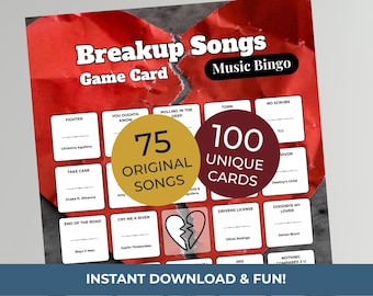 BREAKUP Music Bingo Game • 100 Printable Cards • 75 Songs • Spotify Playlist (included!) • Digital Download