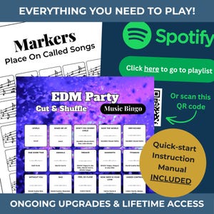Electronic Dance MUSIC BINGO Party Game | 100 Printable Cards + 75 EDM Songs & Spotify Playlist afbeelding 2