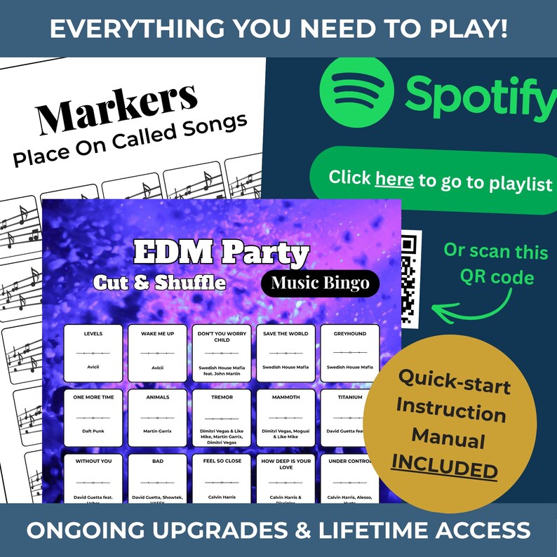 Electronic Dance MUSIC BINGO Party Game | 100 Printable Cards + 75 EDM Songs & Spotify Playlist afbeelding 2