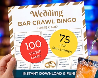 WEDDING PARTY Bar Crawl Bingo • 75 challenges • 100 cards • Scavenger Hunt •  Drinking Games •  Printable