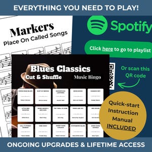 Pode incluir: Um jogo de bingo de m&uacute;sica blues com t&iacute;tulos de m&uacute;sicas e nomes de artistas. A imagem inclui um c&oacute;digo QR, o logotipo do Spotify e o texto "Quick-start Instruction Manual INCLUDED."