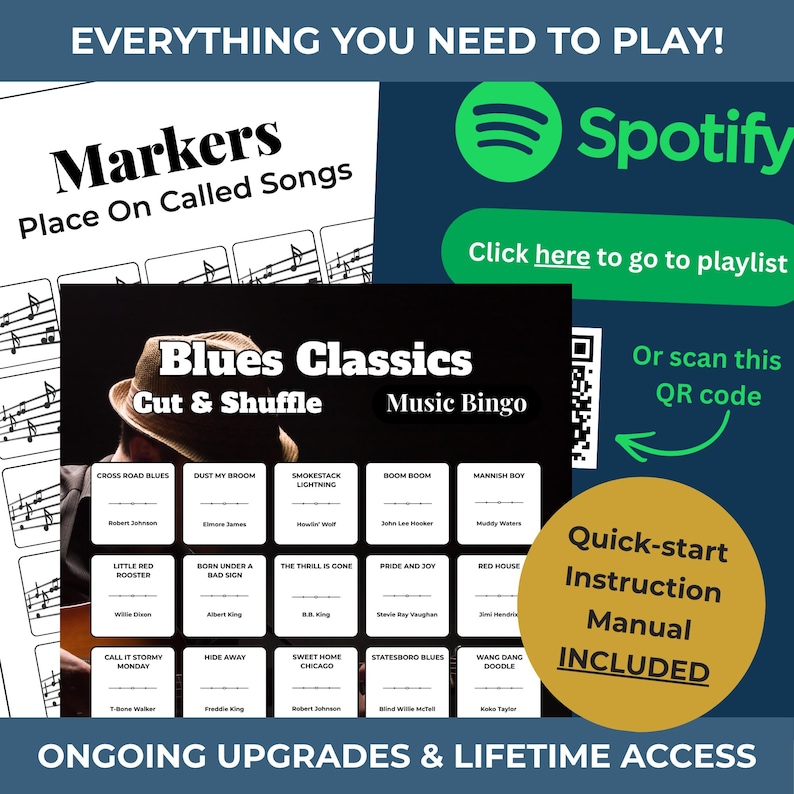 Pode incluir: Um jogo de bingo de m&uacute;sica blues com t&iacute;tulos de m&uacute;sicas e nomes de artistas. A imagem inclui um c&oacute;digo QR, o logotipo do Spotify e o texto "Quick-start Instruction Manual INCLUDED."