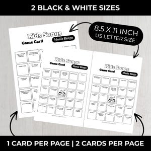 Puede incluir: Dos tarjetas de juego "Kids Songs Music Bingo" en blanco y negro. Cada tarjeta tiene una cuadr&iacute;cula de t&iacute;tulos de canciones. Las tarjetas miden 21,6 x 27,9 cm, tama&ntilde;o US Letter. El texto de la imagen dice "2 tama&ntilde;os en blanco y negro" y "1 tarjeta por p&aacute;gina | 2 tarjetas por p&aacute;gina."