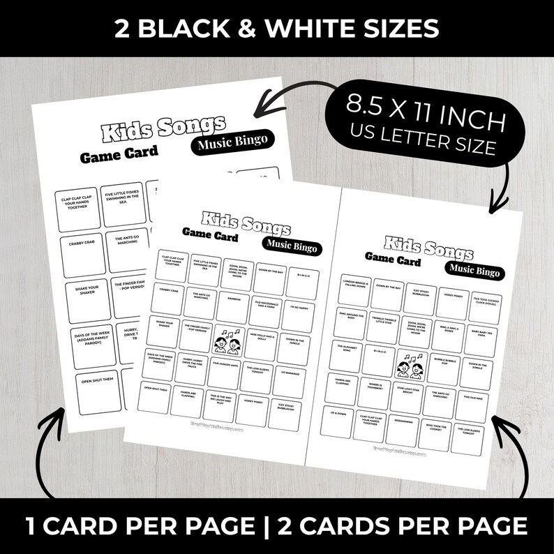Puede incluir: Dos tarjetas de juego "Kids Songs Music Bingo" en blanco y negro. Cada tarjeta tiene una cuadr&iacute;cula de t&iacute;tulos de canciones. Las tarjetas miden 21,6 x 27,9 cm, tama&ntilde;o US Letter. El texto de la imagen dice "2 tama&ntilde;os en blanco y negro" y "1 tarjeta por p&aacute;gina | 2 tarjetas por p&aacute;gina."