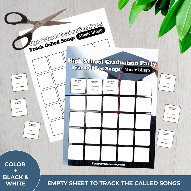 May include: A black and white music bingo game sheet for a graduation party, featuring a graduation cap illustration. The sheet has spaces for song titles and artist names. Scissors are placed on the top left. Text reads "High School Graduation Party Track Called Songs Music Bingo".