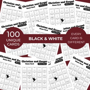 May include: A selection of black and white Christian and Gospel Music Bingo game cards. The cards feature song titles and the text "100 Unique Cards", "Black & White", and "Every Card is Different".