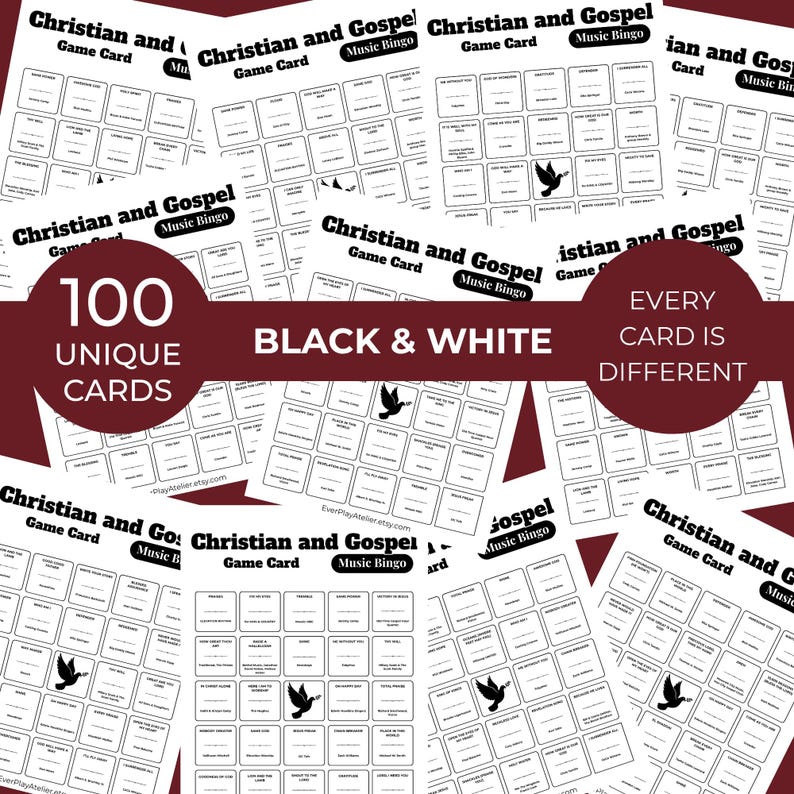 May include: A selection of black and white Christian and Gospel Music Bingo game cards. The cards feature song titles and the text "100 Unique Cards", "Black & White", and "Every Card is Different".