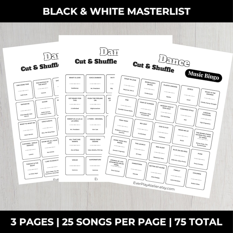 Puede incluir: Tres hojas de bingo musical en blanco y negro con t&iacute;tulos de canciones y nombres de artistas. Las hojas est&aacute;n etiquetadas como "Dance Cut & Shuffle" y "Music Bingo". El texto "3 PAGES | 25 SONGS PER PAGE | 75 TOTAL" est&aacute; en la parte inferior.