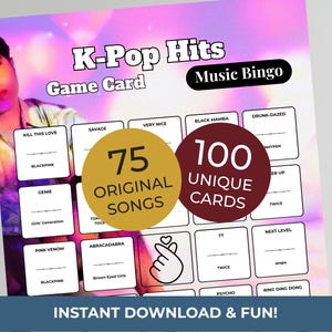 Pu&ograve; includere: Scheda di gioco K-Pop Hits Music Bingo con sfondo viola e rosa. La scheda presenta il testo "75 canzoni originali" e "100 carte uniche". &Egrave; visibile anche la frase "Download istantaneo e divertimento!"
