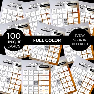 K&ouml;nnte beinhalten: Eine Sammlung von "Pub Night Music Bingo" Spielkarten. Jede Karte hat ein Raster mit Feldern mit verschiedenen Aufforderungen und einer Fassgrafik. Die Karten sind mit "100 einzigartige Karten", "Volle Farbe" und "Jede Karte ist anders" beschriftet.