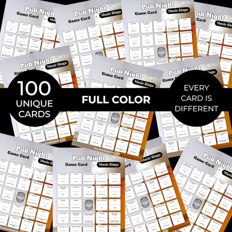 K&ouml;nnte beinhalten: Eine Sammlung von "Pub Night Music Bingo" Spielkarten. Jede Karte hat ein Raster mit Feldern mit verschiedenen Aufforderungen und einer Fassgrafik. Die Karten sind mit "100 einzigartige Karten", "Volle Farbe" und "Jede Karte ist anders" beschriftet.