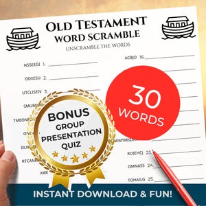 May include: A white sheet of paper with the text "Old Testament Word Scramble" and illustrations of Noah's Ark. A red circle displays "30 WORDS". Includes a gold seal that says "Bonus Group Presentation Quiz". A red pen is on the paper.