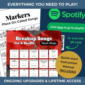 May include: A Breakup Songs Music Bingo game with a red, torn-paper design. Includes a quick-start instruction manual and a QR code to access a Spotify playlist. The game features song titles like "I Will Survive" and "Someone Like You."
