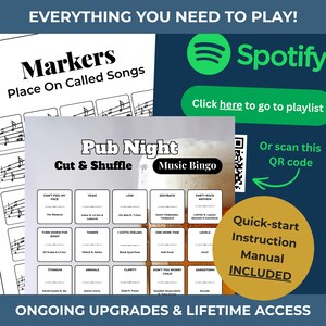 K&ouml;nnte beinhalten: Ein Musik-Bingo-Spiel mit Songtiteln. Das Spiel enth&auml;lt eine Kurzanleitung und einen QR-Code f&uuml;r den Zugriff auf eine Spotify-Playlist. Der Text "Pub Night Cut & Shuffle Music Bingo" wird angezeigt.