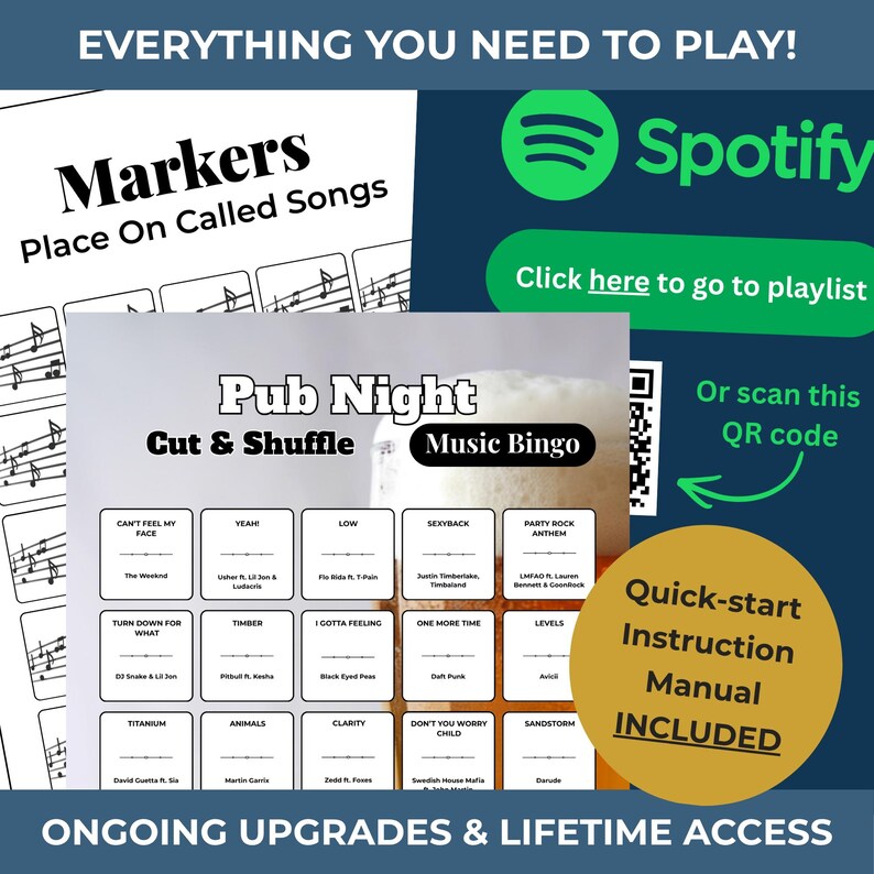 K&ouml;nnte beinhalten: Ein Musik-Bingo-Spiel mit Songtiteln. Das Spiel enth&auml;lt eine Kurzanleitung und einen QR-Code f&uuml;r den Zugriff auf eine Spotify-Playlist. Der Text "Pub Night Cut & Shuffle Music Bingo" wird angezeigt.