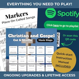 May include: Promotional image for a Christian and Gospel Music Bingo game. The image includes a bingo card with song titles, a Spotify logo, and a QR code. Text includes "Everything You Need to Play!" and "Quick-start Instruction Manual INCLUDED."
