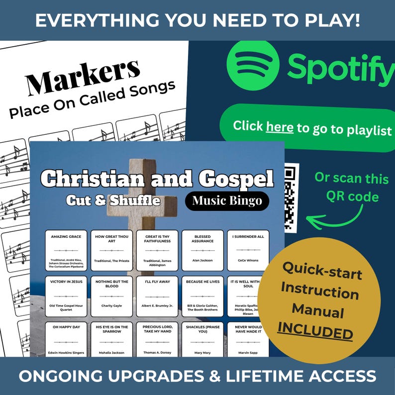 May include: Promotional image for a Christian and Gospel Music Bingo game. The image includes a bingo card with song titles, a Spotify logo, and a QR code. Text includes "Everything You Need to Play!" and "Quick-start Instruction Manual INCLUDED."