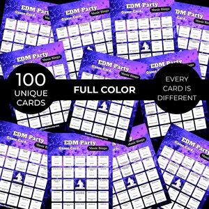 Op de afbeelding: Een verzameling EDM Party Music Bingo-spelkaarten. Elke kaart heeft een raster van vakjes met muziekgerelateerde termen en een silhouet van een dansende persoon. De kaarten zijn full color en elke kaart is anders. De tekst op de kaarten luidt "100 unieke kaarten".