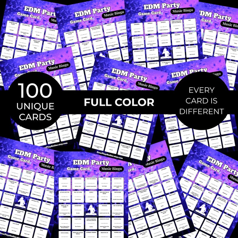 Op de afbeelding: Een verzameling EDM Party Music Bingo-spelkaarten. Elke kaart heeft een raster van vakjes met muziekgerelateerde termen en een silhouet van een dansende persoon. De kaarten zijn full color en elke kaart is anders. De tekst op de kaarten luidt "100 unieke kaarten".