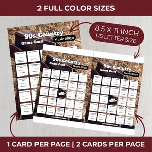 May include: Two 90s Country Music Bingo game cards. Each card has a grid of song titles and a cowboy hat graphic. The cards are 8.5 x 11 inches in size and are labeled "US Letter Size". The text "2 FULL COLOR SIZES" is at the top.