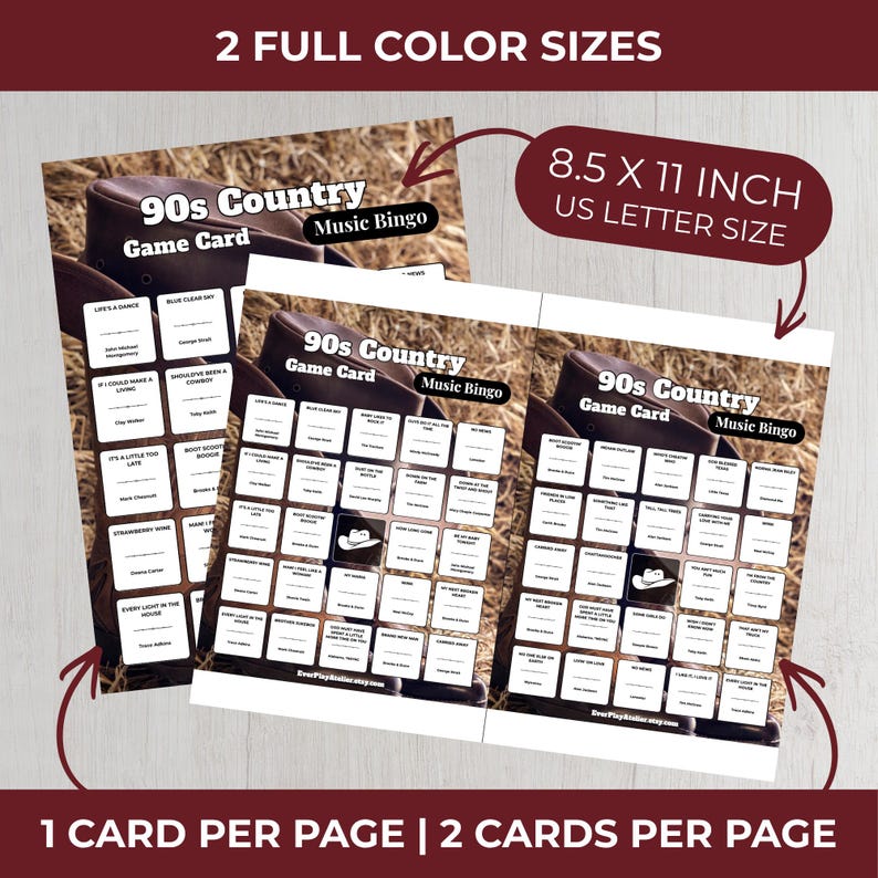May include: Two 90s Country Music Bingo game cards. Each card has a grid of song titles and a cowboy hat graphic. The cards are 8.5 x 11 inches in size and are labeled "US Letter Size". The text "2 FULL COLOR SIZES" is at the top.